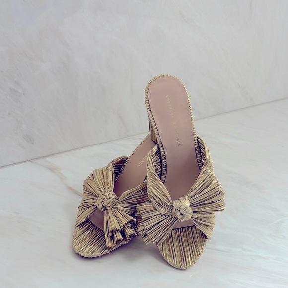 Loeffler Randell Penny Gold Bow Slip on Heels - Picture 1 of 7